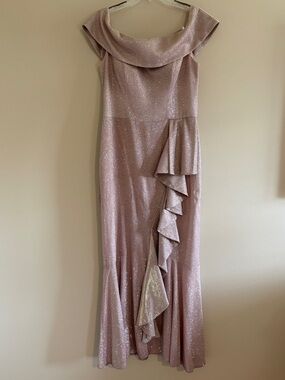 Elegant Shimmery Pink Off-Shoulder Ruffle Evening Dress - Betsy Adams